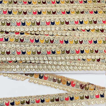 Multicoloured Tissue Fabric Sequin Border, Beige Shimmer Lace Trim, Decorative Trim